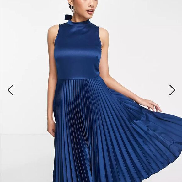 NWT Womens ASOS Closet London High Neck Navy Blue Satin Pleated Midi Dress 10 - Picture 1 of 8